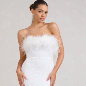 Old Money White Bodycon Sequin Maxi Dress With Feather Trim